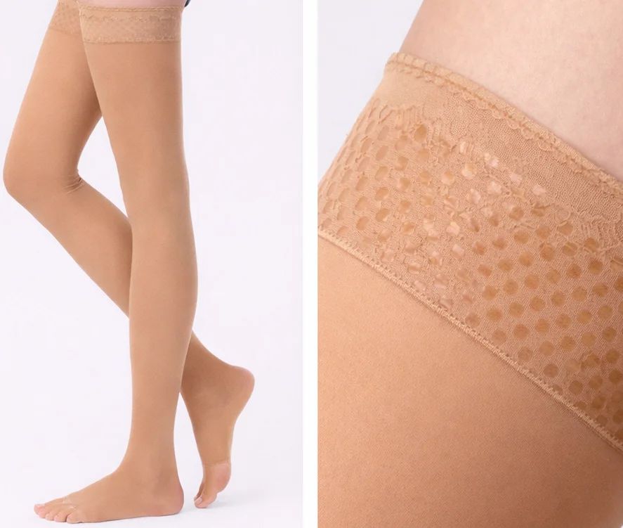 Thigh High Compression Stockings with Silicone Lace Band (Open Toe)
