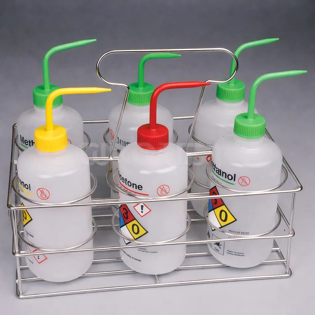 BOTTLE CARRIER,WASHING BOTTLE BRACKET, STAINLESS STEEL MATERIAL,6 HOLES (2×3), SUITABLE FOR WASHING BOTTLES OF DIA.≤75MM - Image 1