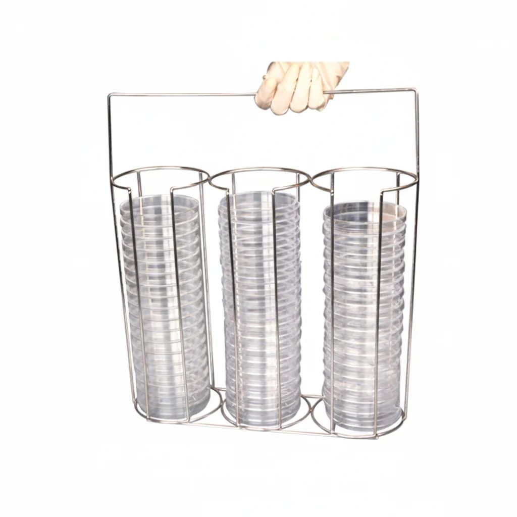 PETRI DISH CARRIER RACK, STAINLESS STEEL MATERIAL, 3 HOLES (1×3), SUITABLE FOR PETRI DISHES OF DIA.≤100MM - Image 1