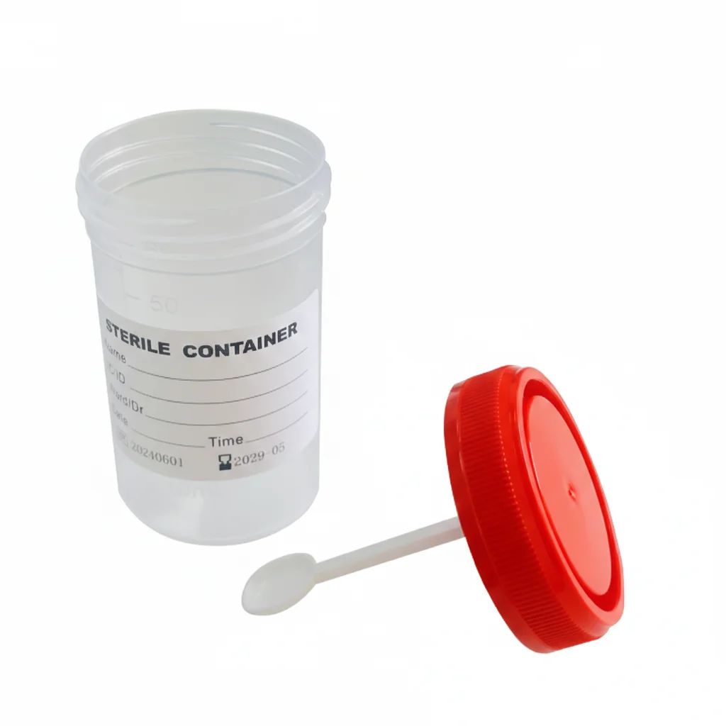 وعاء لجمع البراز سعة 60 مل، نوع مرتفع، بغطاء لولبي، مانع للتسرب، مع ملصق معقم - Image 1