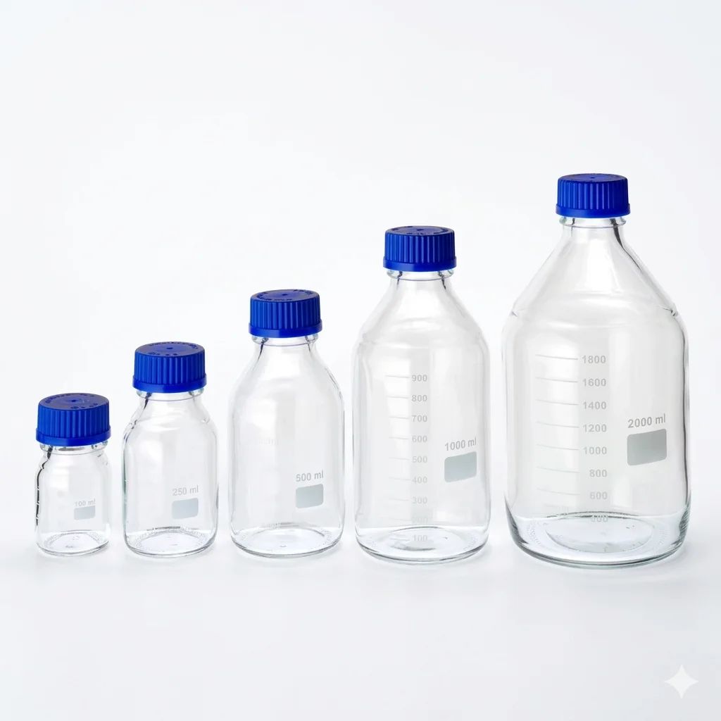 زجاجة مواد كيميائية (زجاجة وسائط) بغطاء بلاستيكي أزرق لولبي، بوروسيليكات 3.3، قابلة للتعقيم بالبخار، شفافة، سعة  - Image 1