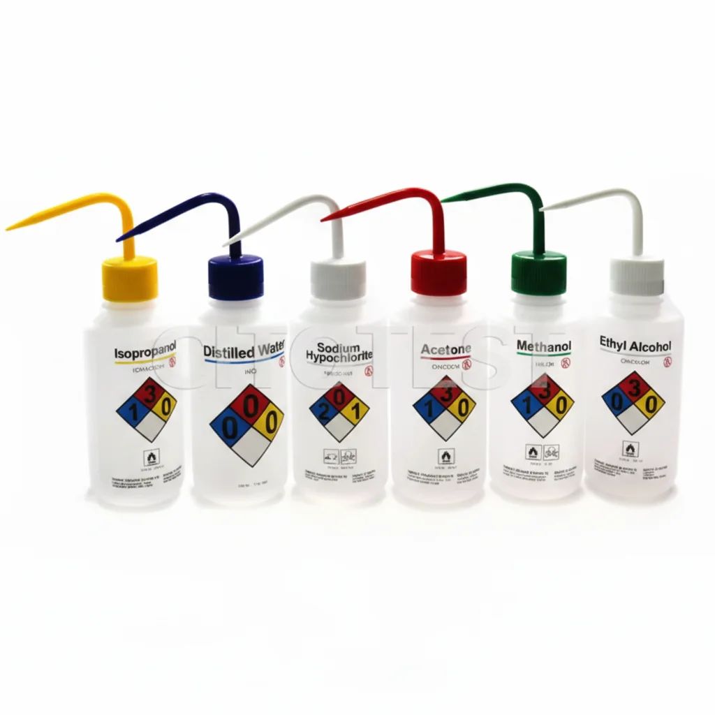 SELF-VENTING SAFETY WASH BOTTLES,WITH CHEMICAL NAME LABEL 500ML,LDPE MATERIAL,WITH PP MATERIAL CLOSURE AND PPCO MATERIAL DRAW TUBE. - Image 1