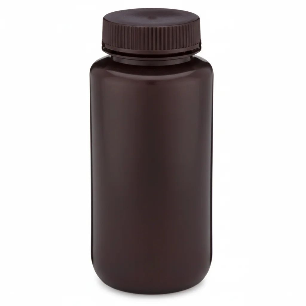 زجاجات مستديرة واسعة الفوهة، لونها كهرماني، سعتها 500 مل. مصنوعة من مادة البولي إيثيلين عالي الكثافة، مع غطاء لولبي من مادة البولي بروبيلين. - Image 1