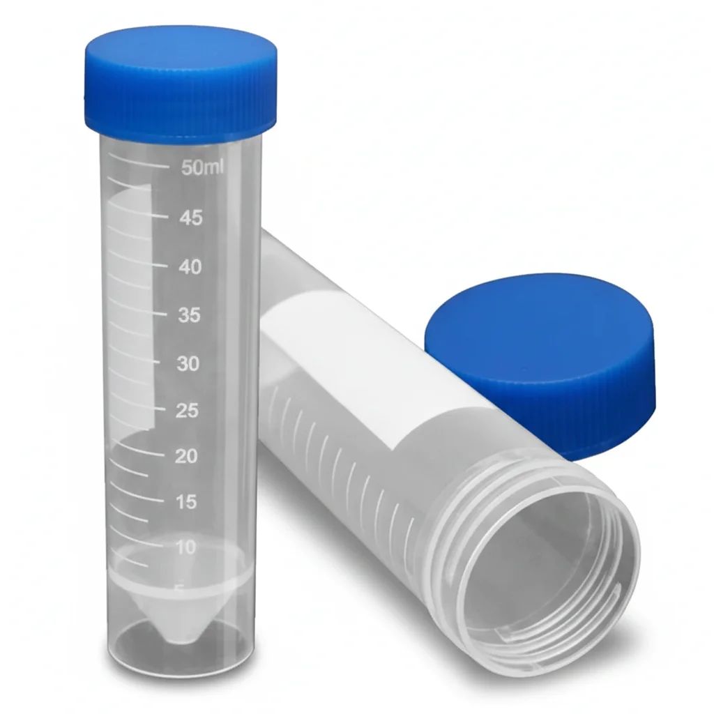 Centrifuge Tube, PP material, conical bottom/self-standing, Vol.50ml/30x117mm, BLUE printed graduation from 5ml to 50ml/graduation interval 2.5ml. Screw cap leakage-proof, GREY color. DNase-free, RNase-free, Non-Pyrogen, Assembled, Gamma sterile, 25pcs/zip-pack .25pcs/polybag, 500pcs/carton . - Image 1