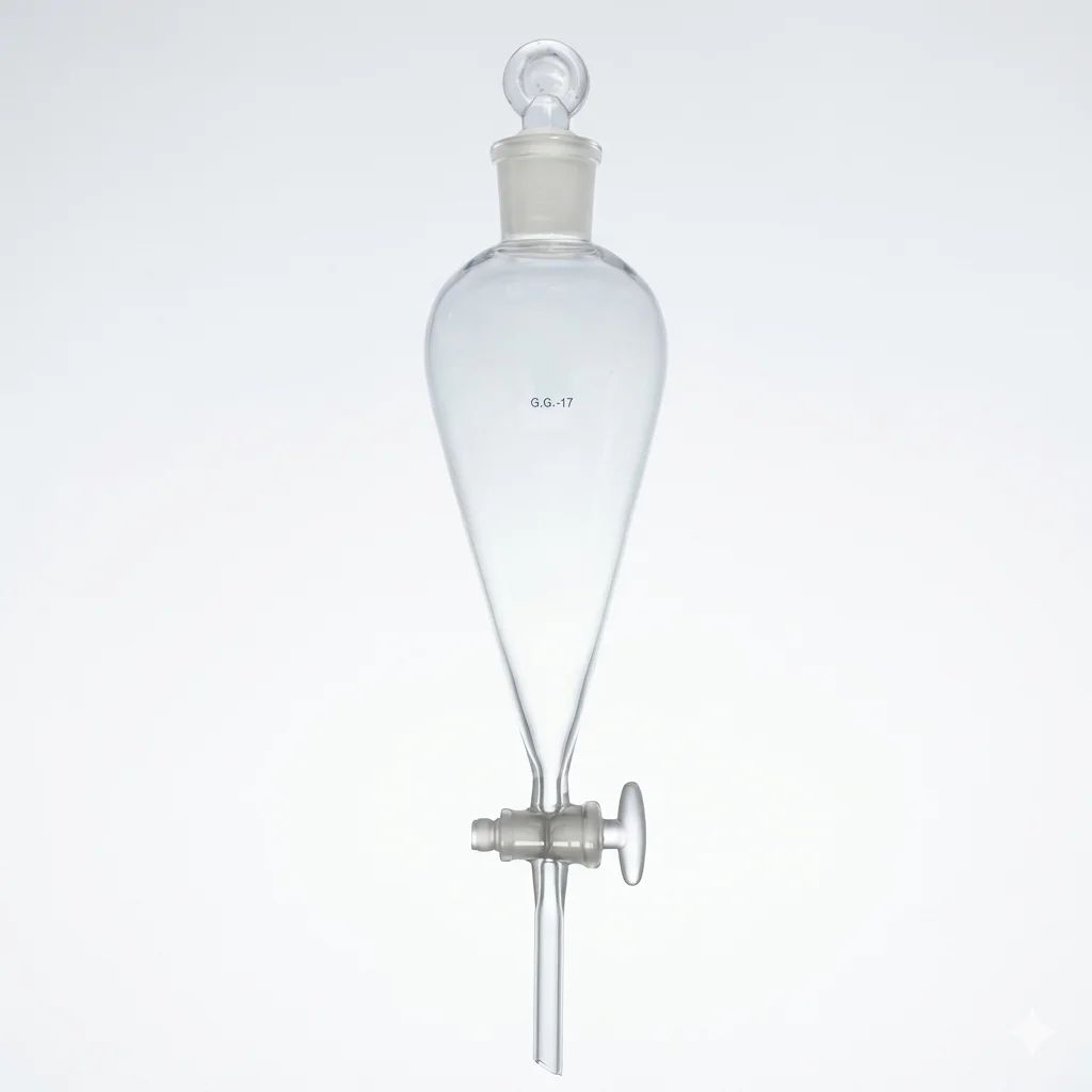 قمع فصل، شكل كمثري، مزود بتدريجات محفورة في سدادة زجاجية وصنبور سعة 