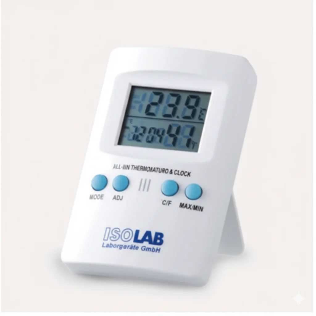 THERMOHYGROMETER - “desk-top” Temperature measurement range is -58°F to +158°F (+/- 0,2°F) or -50°C to +70°C (+/- 0,1°C) selectively. Offers dual display for humidity and temperature on a large and clear 40 x 30 mm LCD display. - Image 1