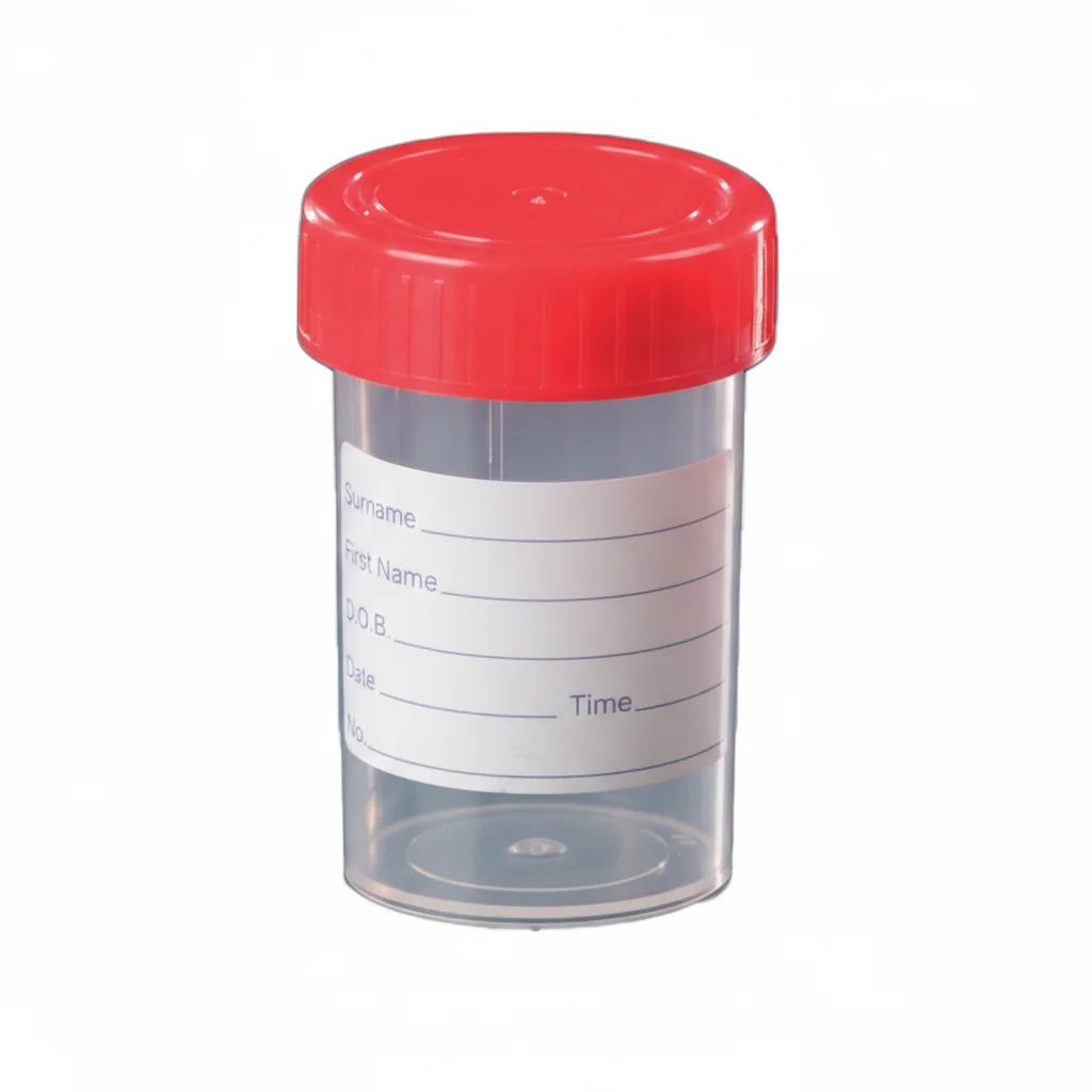 Specimen container 60ml, high type, with screw cap, Leak proof, with label Sterile - Image 1