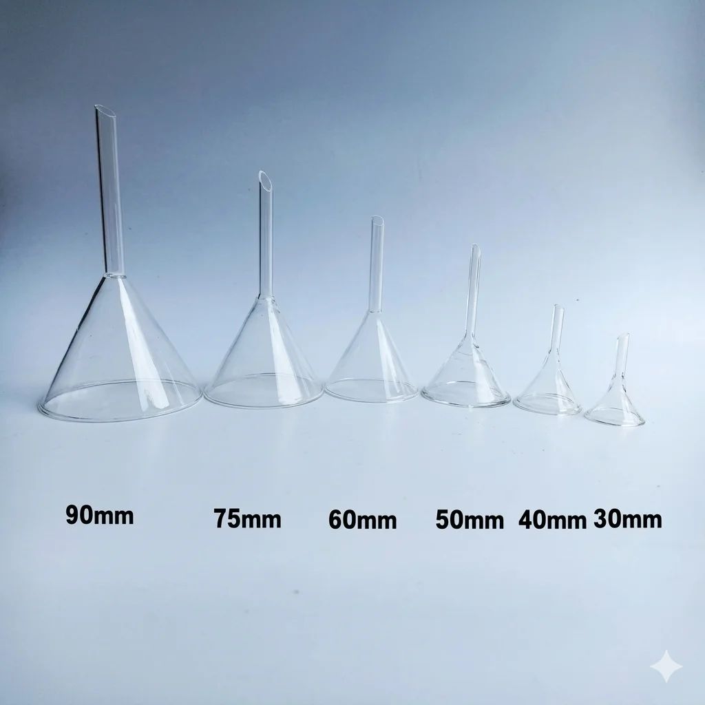 قمع، ساق قصيرة بزاوية 60 درجة تقريبًا، زجاج بوروسيليكات 3.3، طول 