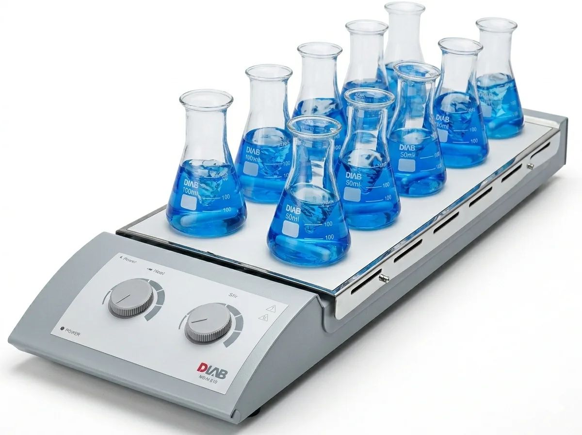 10-Channel classic hotplate magnetic stirrer, stainless steel plate with silicone film