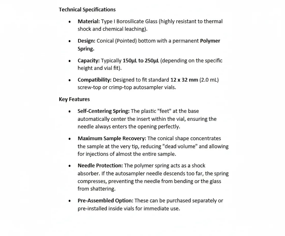 حشوة دقيقة لقارورة أخذ العينات مع محور داخلي وقواعد بوليمرية، سعة 250 ميكرولتر، 29 × 5.7 مم، مناسبة لقوارير 9 مم، عبوة من 100 قطعة - Thumbnail 2